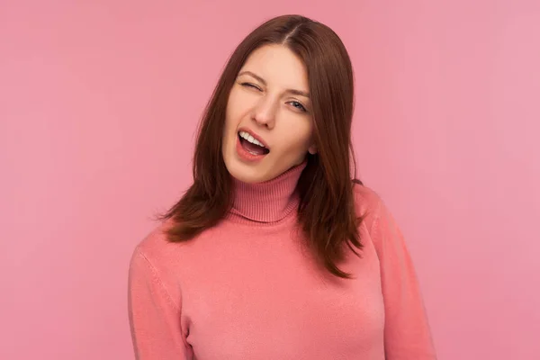 Closeup Portrait Coquettish Funny Brunette Woman Pink Sweater Winking Looking — Stock Photo, Image