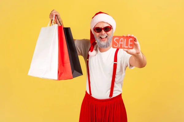 Satisfied Grey Bearded Man Stylish Sunglasses Santa Claus Costume Holding — Stock Photo, Image