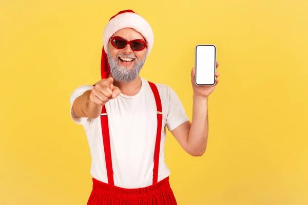 Extremely Happy Cheerful Grey Bearded Man Santa Claus Costume Pointing — Stock Photo, Image