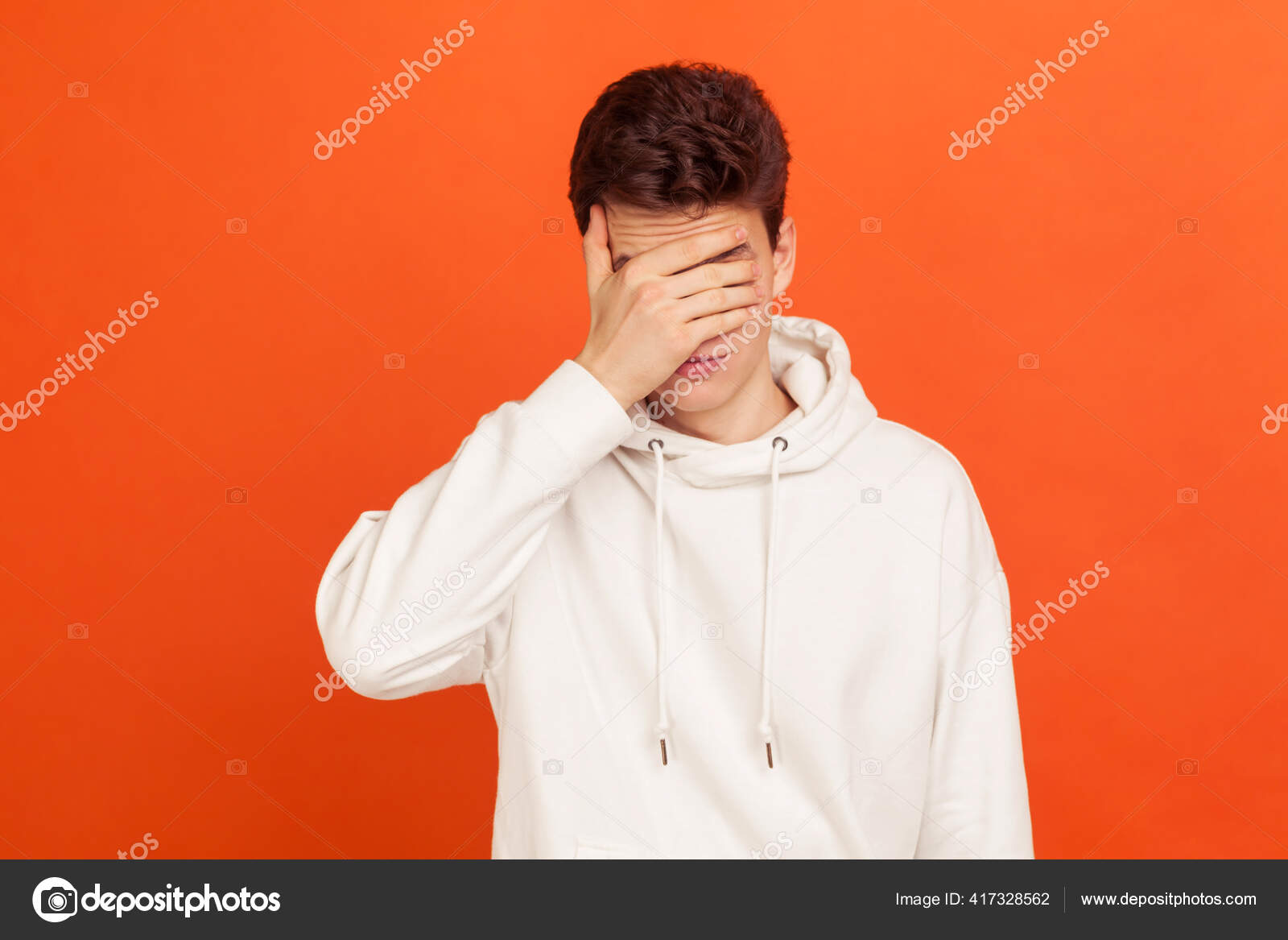 Ashamed Teenager White Casual Hoodie Closing His Eyes Hand Don t Stock Photo khosrork 417328562
