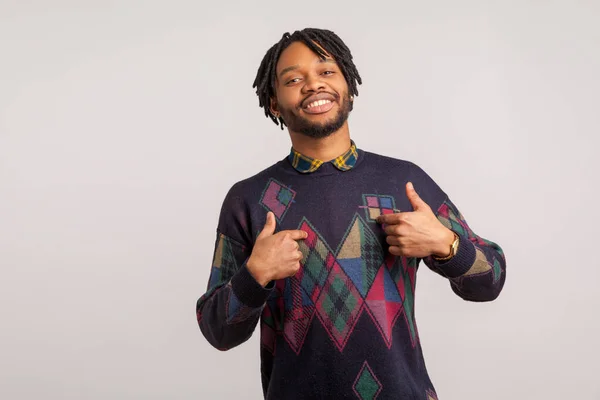 Its Proud Satisfied African Man Beard Dreadlocks Pointing Fingers Himself — Stock Photo, Image