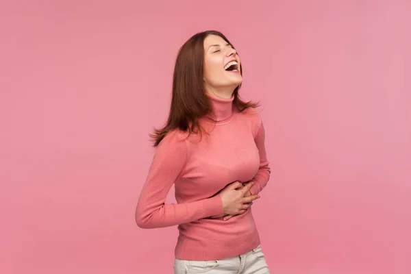 Funny Positive Brunette Woman Pink Sweater Holding Her Belly Laughing — Stock Photo, Image