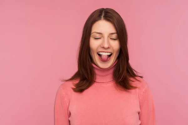 Closeup Positive Naughty Woman Brown Hair Pink Sweater Showing Tongue — Stock Photo, Image