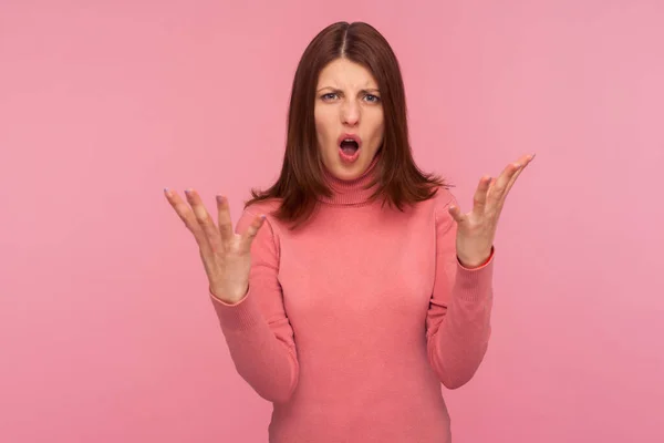 Nervous Disappointed Brunette Woman Pink Sweater Spreading Hands Shouting Asking — Stock Photo, Image