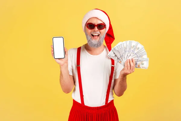 Happy Smiling Man Santa Claus Costume Stylish Red Sunglasses Holding — Stock Photo, Image