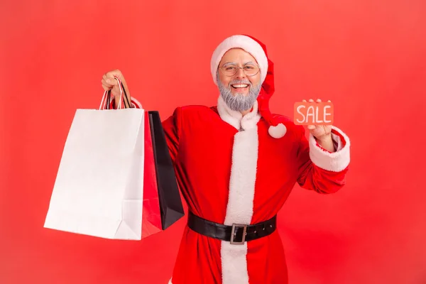 Glad Glad Glad Jultomten Håller Och Visar Försäljning Kort Och — Stockfoto