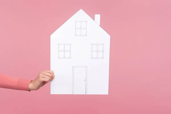 Closeup Side View Female Holding White Paper Model House Dreams — Stock Photo, Image