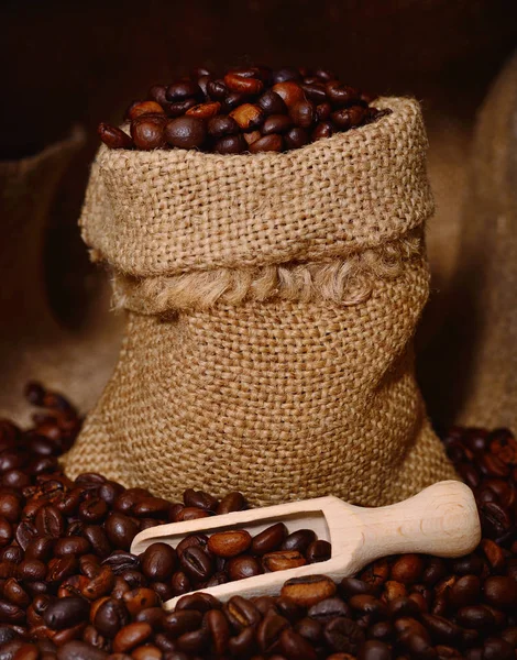 Granos de café en una cucharada de madera y bolsa . — Foto de Stock
