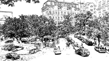 Andrew'ın iniş Kiev. Ukrayna - sanat siyah ve beyaz sketch vektör çizim çizim