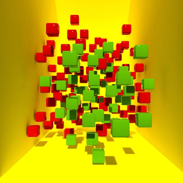 Abstract colored cubes in yellow space. 3d rendering
