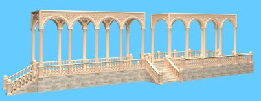 Balkon korkuluk ve portico geçiş, sütunlar, kemerler ve sıva 3d render ile Roma mimari tarzı
