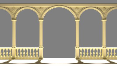 Sütunlar, kemerler ve gri arka plan 3d render sıva ile korkuluk  