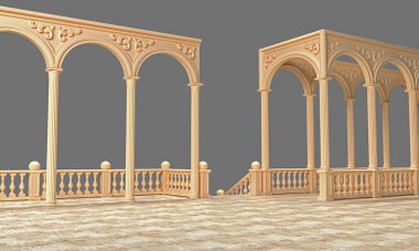Balkon korkuluk ve portico geçiş, sütunlar, kemerler ve sıva 3d render ile