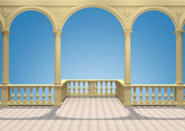 阳台与栏杆 拱门和灰泥在蓝色背景3D — 图库照片
