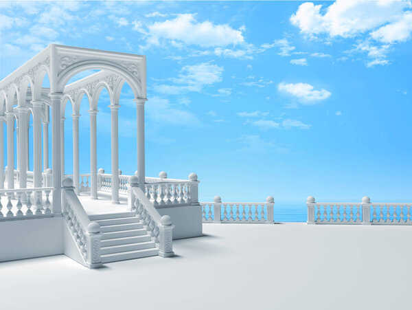 Balustrade with columns, stairway and arches on the embankment 3D rendering