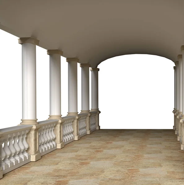 Colonnato Con Balaustra Sotto Tetto Resa — Foto Stock