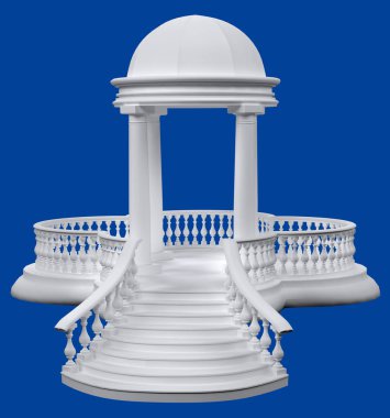 Yuvarlak rotunda sütunlar, korkuluk ve kıvırcık merdivenler mavi bir arka plan üzerinde 3d render ile. Peyzaj Mimarlığı