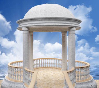 Kıvırcık balustrade3d ile beyaz mermer rotunda deniz manzara arka planı oluşturma