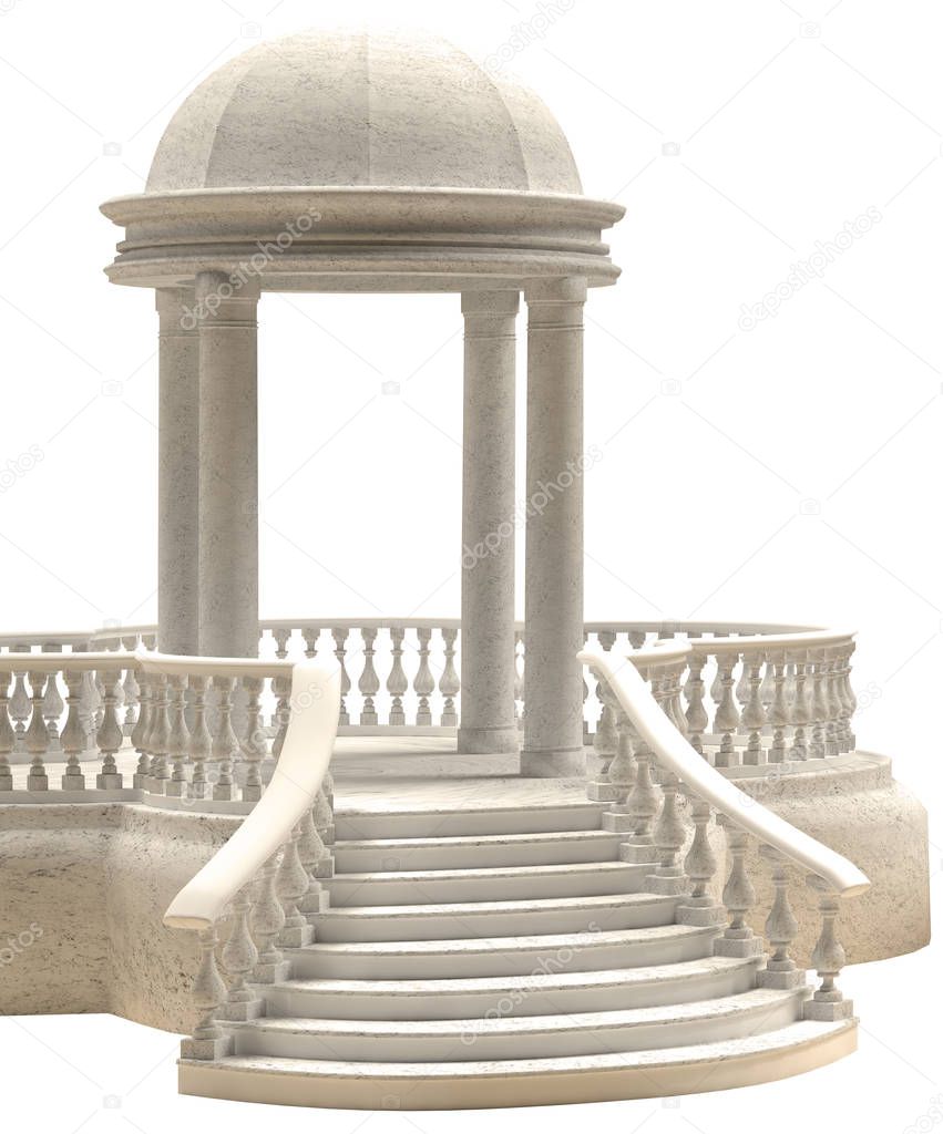 Marble rotunda with curly balustrade and  semicircular stairs 3D rendering on a white background