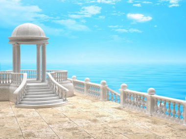 Yuvarlak rotunda sütunlar, korkuluk ve kıvırcık merdivenlerde taş iskele 3d render ile. İhale deniz kıyısında Yunan mimarisi