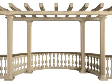 Pergola ve sütunlar ile taş korkuluk. 3D render