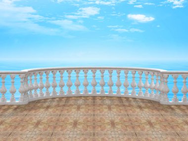 Beyaz mermer döşeli kat bak deniz 3d render ile yarım daire biçimli korkuluk 