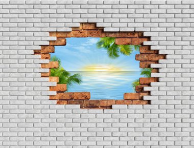 Hangi aracılığıyla tuğla görünür bir delik ile suni taş ve manzara deniz ve güneş ile yapılmış duvar