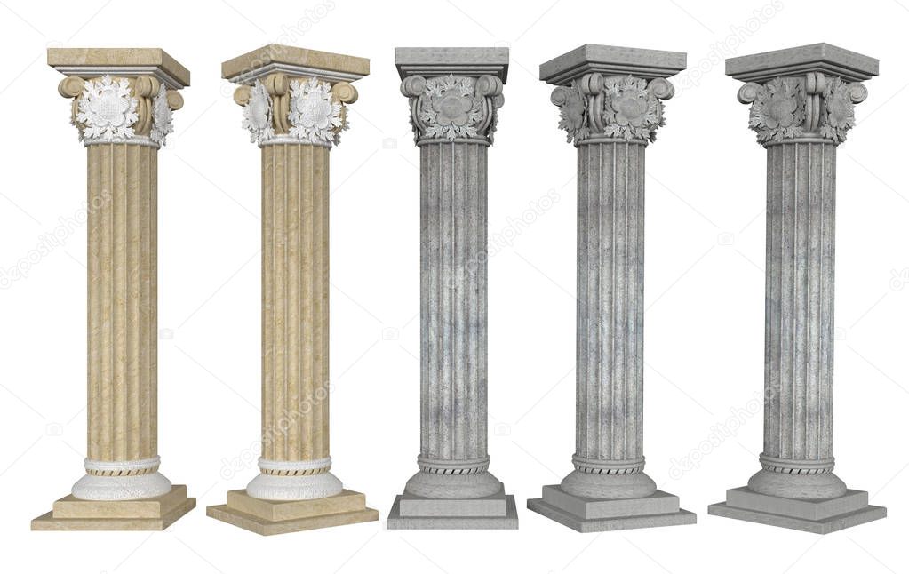 Columns with Capital from different angles on white background. 3D rendering. 3D illustration