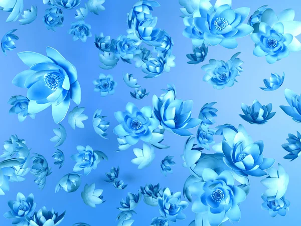 Blue flying flowers on a blue background as a wallpaper — Stock Photo, Image