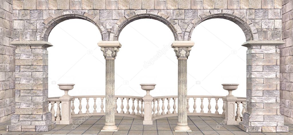 Stone gallery with columns and semicircular balustrades -  illus