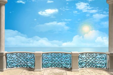 Sütunlu balkon ve metal dövülmiş ızgara. Deniz manzarası. Illustra