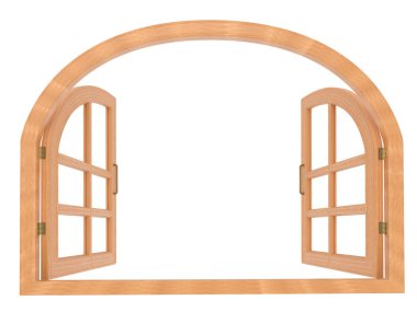 Beyaz 3D görüntüleme üzerine gerçekçi kemerli ahşap pencere