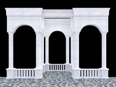 Beyaz taş portico atari salonu ve siyah arkaplan 3D işlemeli balustrade