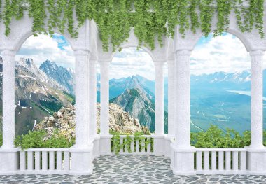 Duvar kağıtları sarmaşıklarla sarmalanmış bir sütunla sarmalanmış dağlara bakan 3D rendering.psd