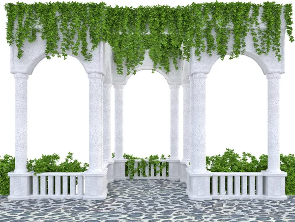 Colonnato Arco Con Balaustra Intrecciata Con Edera Fondo Bianco Rendering — Foto Stock