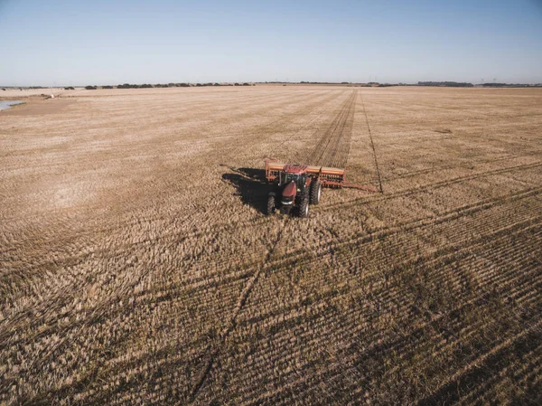 Veduta Aerea Trattore Seminatrice Semina Diretta Nella Regione Pampa Argentina — Foto Stock