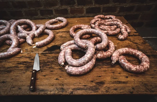 Handmade Sausages Wooden Table — Stock Photo, Image