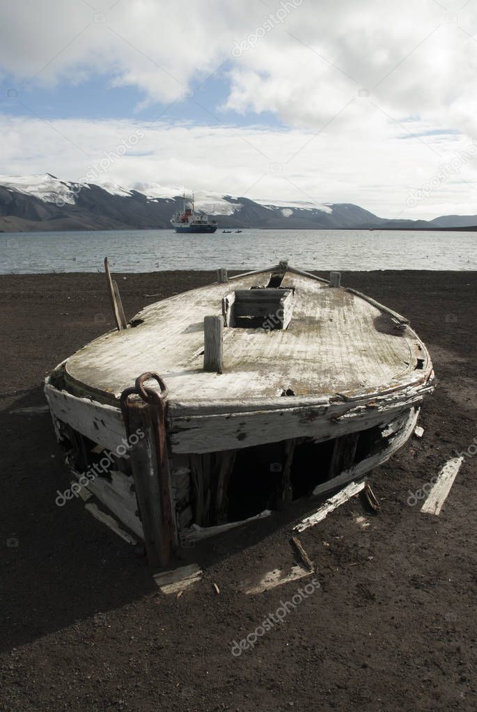 Old whaling boats on the beach of Antarctica 