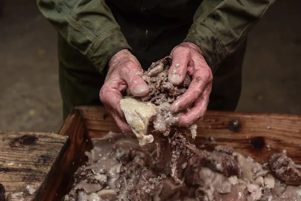 Hands Mixing Ingredients Stuff White Sausage Argentina — Stock Photo, Image