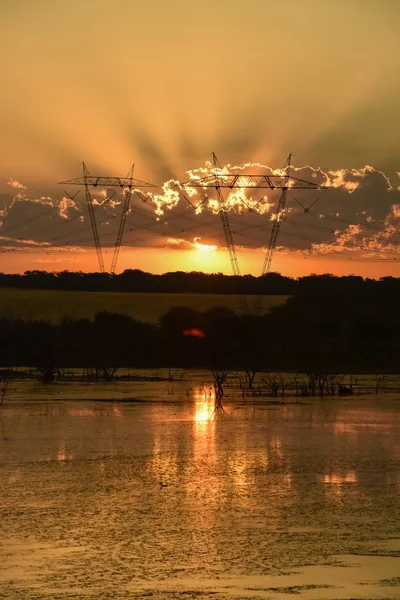 High Voltage Power Lines Sunset Pampas Argentina — Stock Photo, Image