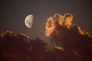 Bulutlu Alacakaranlık Gökyüzünde Hilal Ay, Kırsal La Pampa, Arjantin.