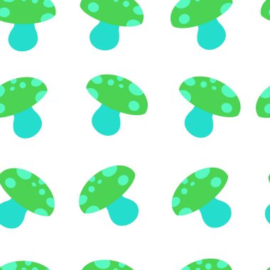 Şirin mantar ve beyaz arka plan üzerinde komik karikatür ile Seamless modeli. Renkli vektör çizim kağıt ambalaj kumaş baskı, duvar kağıdı için.