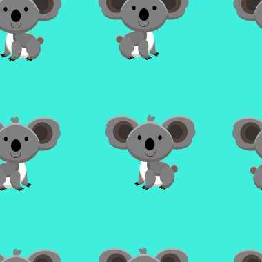 Şirin koala ve komik karikatür hayvanat bahçesi hayvanlar üzerinde mavi arka plan ile Seamless modeli. Renkli vektör çizim kağıt ambalaj kumaş baskı, duvar kağıdı için.