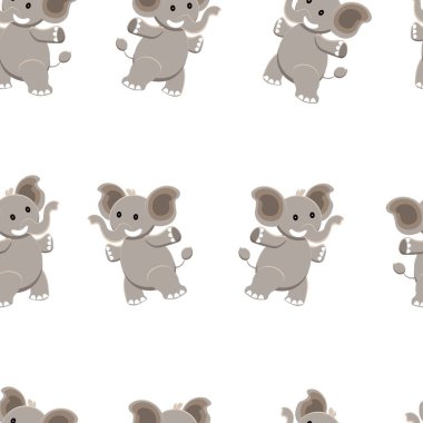 Sevimli fil ve beyaz arka plan üzerinde komik karikatür hayvanat bahçesi hayvanları ile Seamless modeli. Renkli vektör çizim kağıt ambalaj kumaş baskı, duvar kağıdı için.