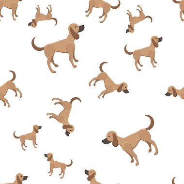 sevimli köpek vektör çizim üzerinde mavi arka plan ile Seamless modeli. Renkli vektör çizim için kumaş baskı, duvar kağıdı, tebrik kartı, kağıt ambalaj.