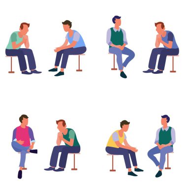 Bir grup arkadaş düz kutsal kişilerin resmi ile konuşurken oturan insan