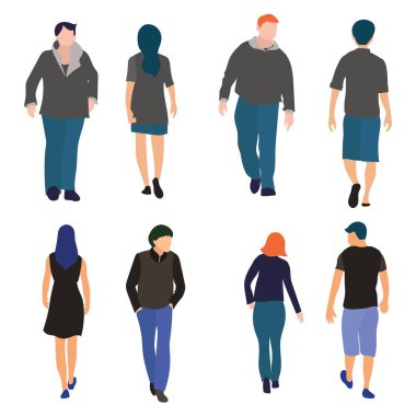 set ön ve arkadan görünüm düz tasarım yürüyen kadın ve erkek