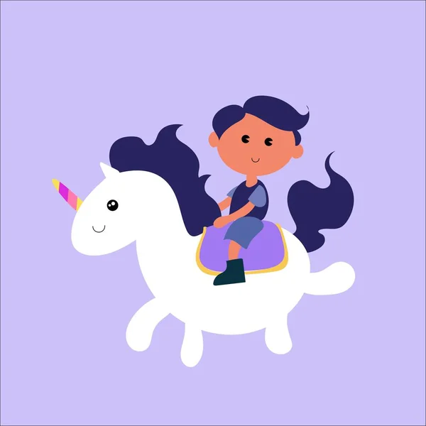 little smiling boy riding unicorn flat cute illustration