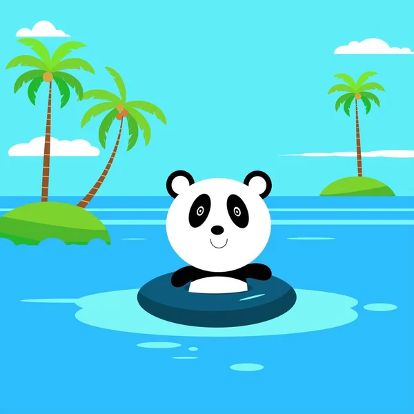 Flat panda swimming on the beach. Flat Summer Background design. Vector Beach Landscape — Stock Vector