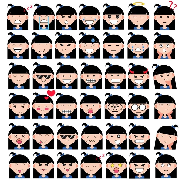 Illustration de visages de filles mignonnes asiatiques montrant différentes émotions. Joie, tristesse, colère, parler, drôle, peur, sourire. Illustration isolée sur fond blanc . — Image vectorielle